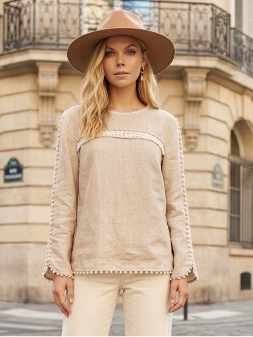 J.Crew 100% Linen Embroidered Fringe Boho Blouse Top Size 6
